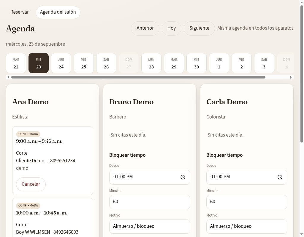 Agenda del salón con PIN