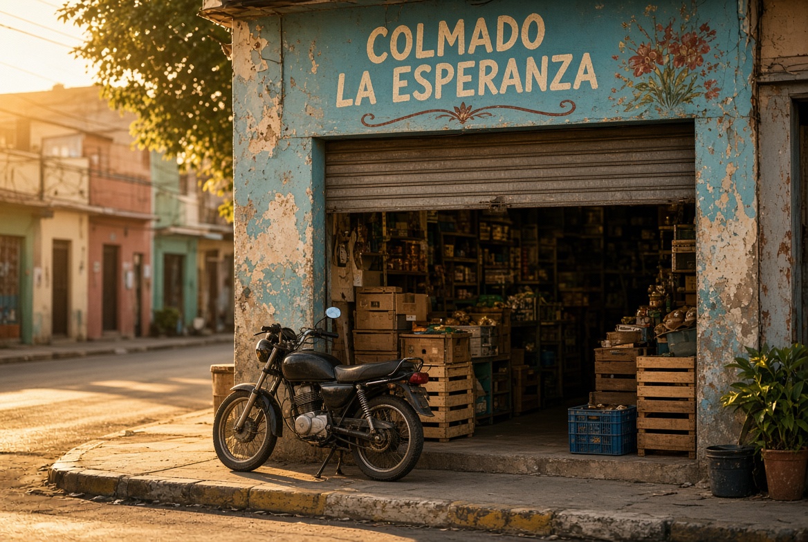 Neighborhood colmado at sunset with the shutter open to the street